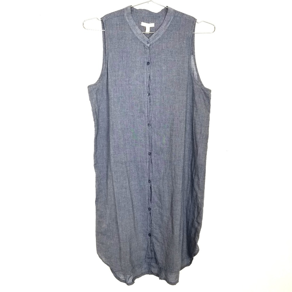 Eileen Fisher  Organic Cotton Shirt Dress Sz M Chambray Blue Button Front Summer